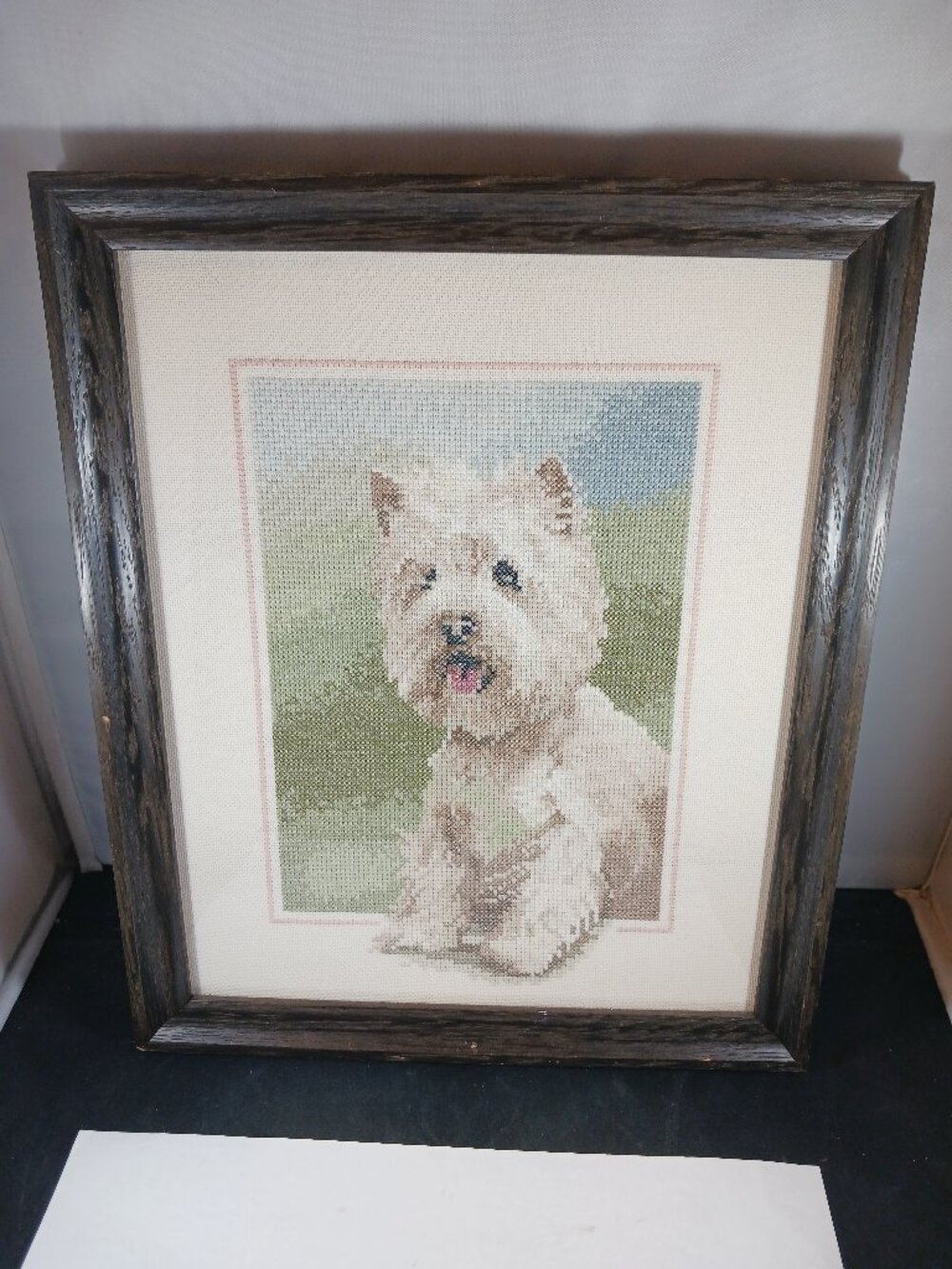 Vintage Westie Cross Stitch Glass Wood Framed 13in x 10in